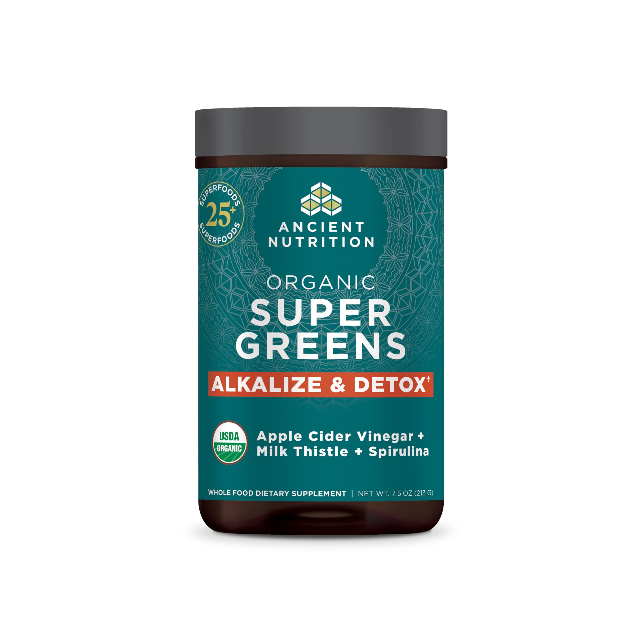 Ancient Nutrition Supergreens detox powder jar supporting daily detox