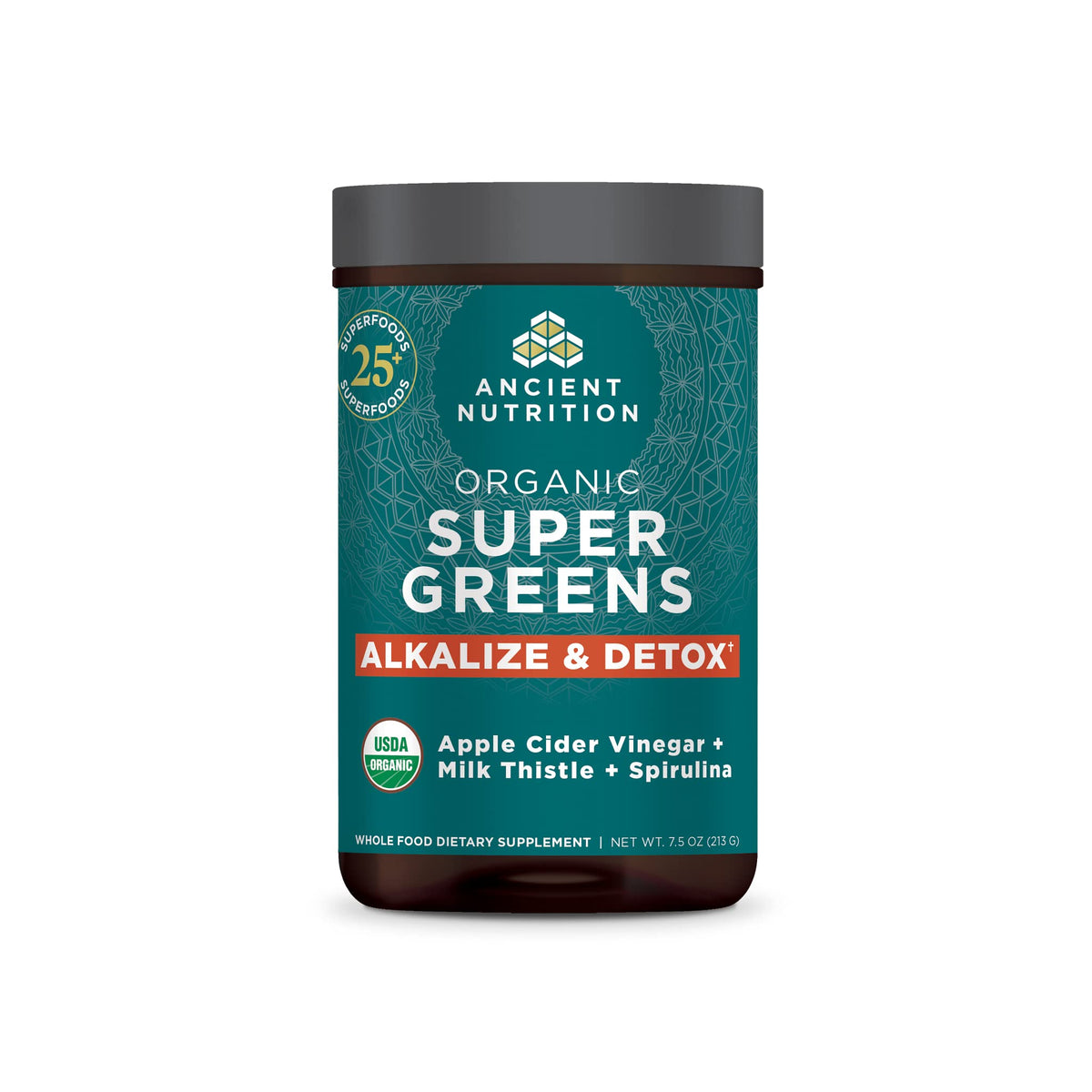 Ancient Nutrition Supergreens detox powder jar supporting daily detox