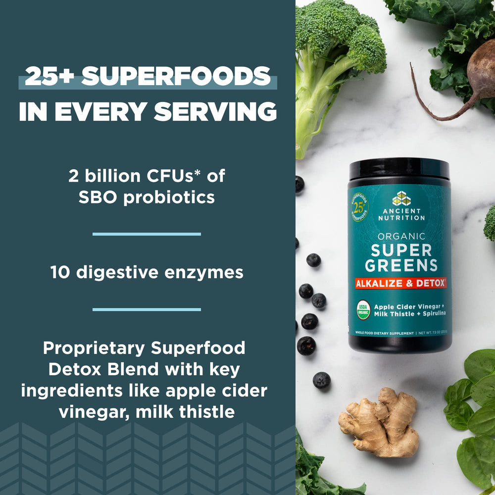 Ancient Nutrition Supergreens powder pouring into a shaker for smoothies