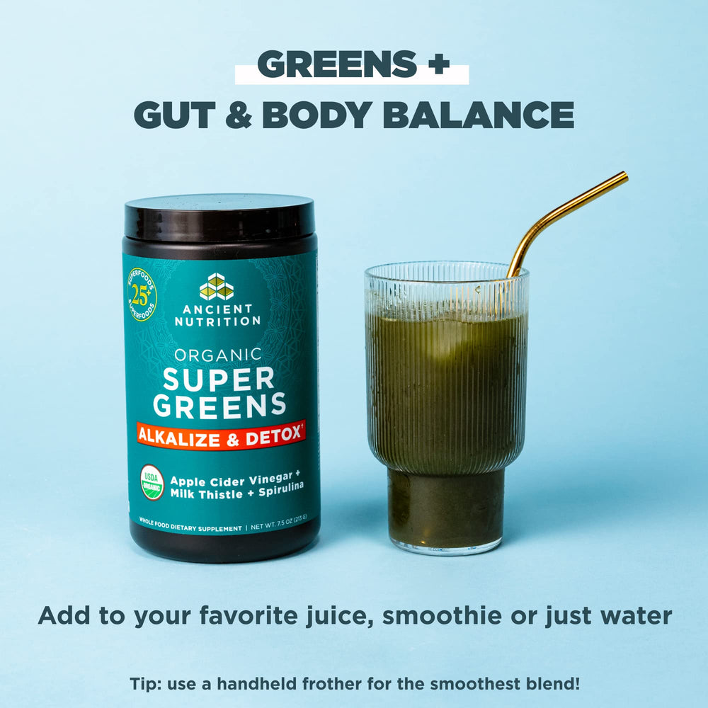 Ancient Nutrition Supergreens with spirulina and alfalfa among premium greens
