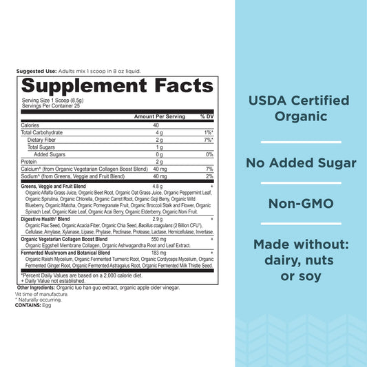 Ancient Nutrition Supergreens glass with shake for effortless energy support.