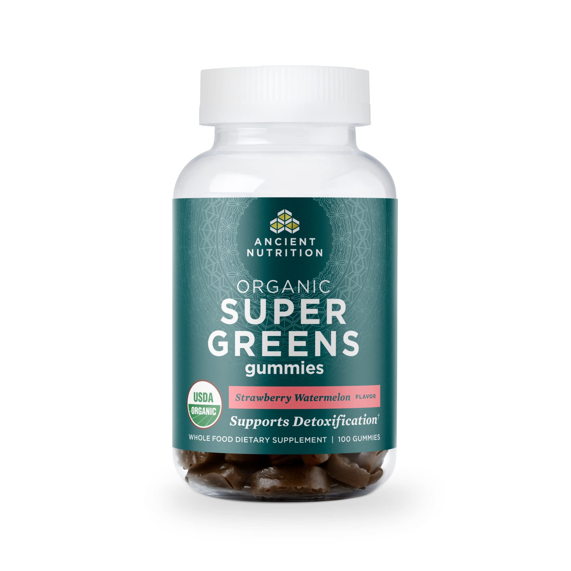 Ancient Nutrition Supergreens Gummies bottle on counter for daily wellness