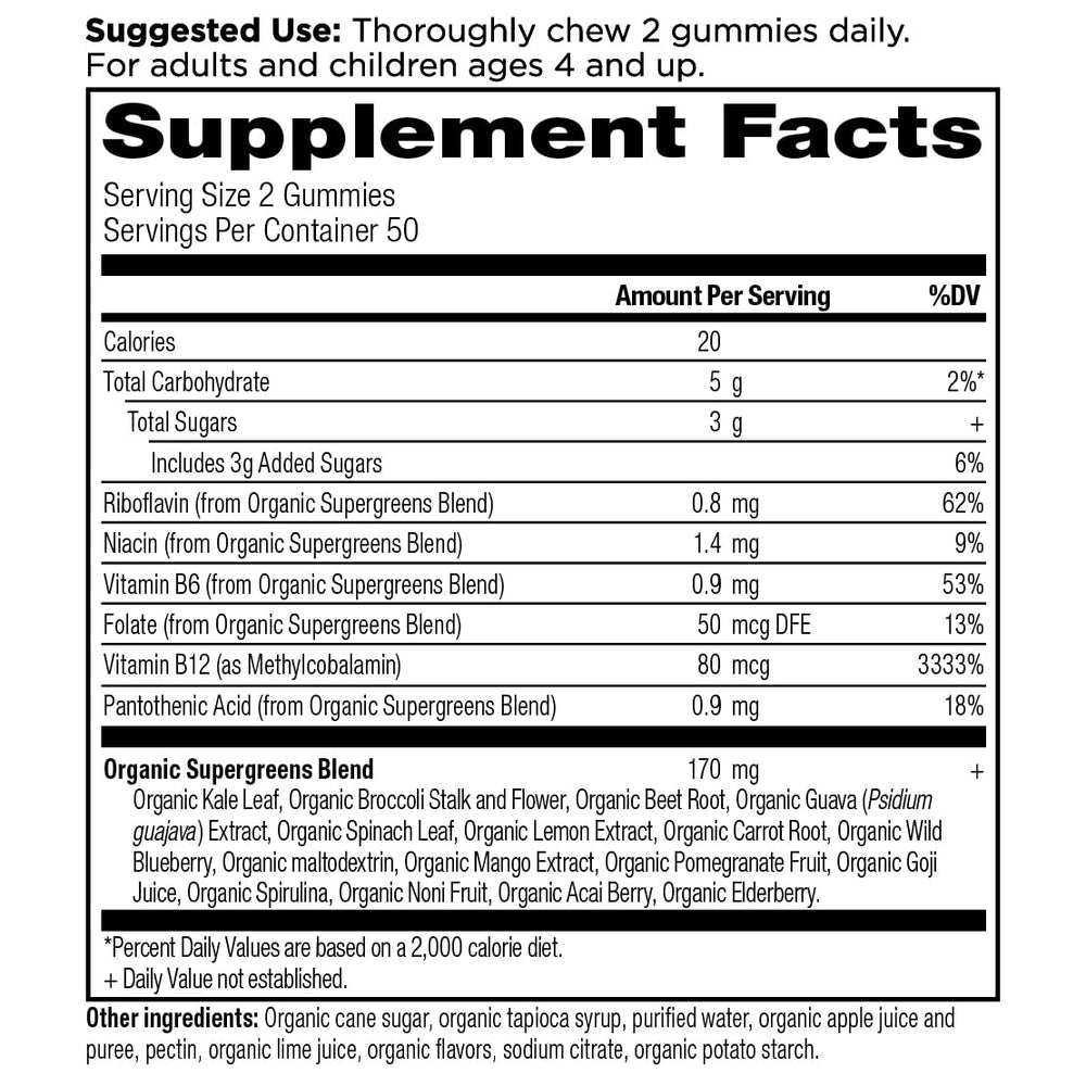 Close-up of Ancient Nutrition Supergreens Gummies showing flavor