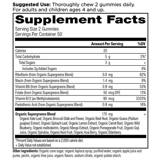Close-up of Ancient Nutrition Supergreens Gummies showing flavor