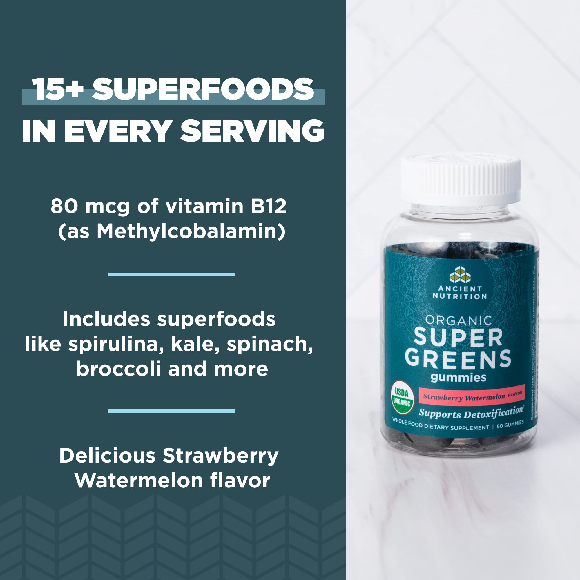 Ancient Nutrition gummy blend of organic greens and berries ingredients