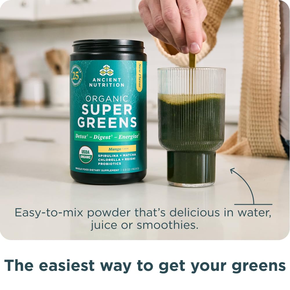 Ancient Nutrition SuperGreens ingredients label reveals organic herbs and probiotics.