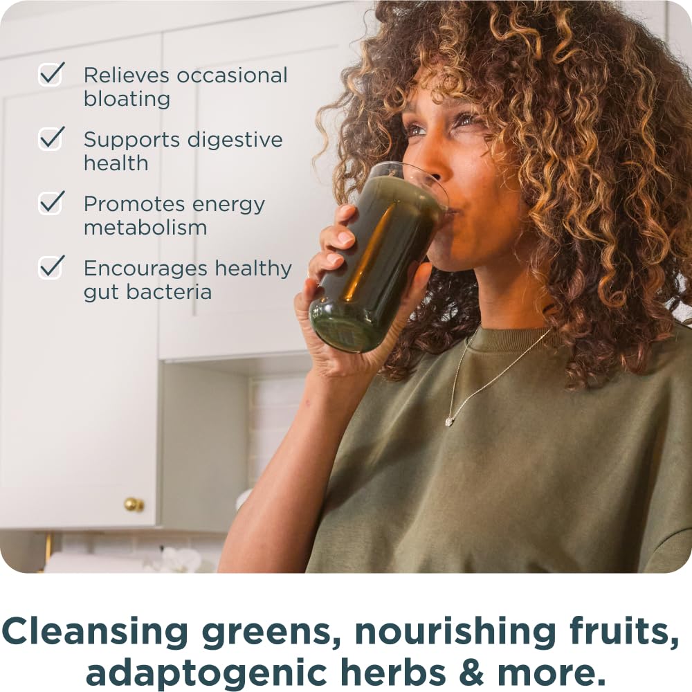 Ingredients panel reveals probiotics, enzymes, and prebiotic fiber for gut balance.