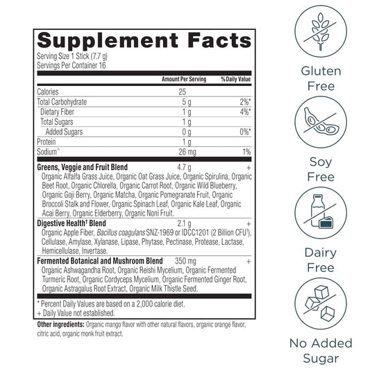 Ancient Nutrition SuperGreens mango flavor poured into a glass for a quick boost