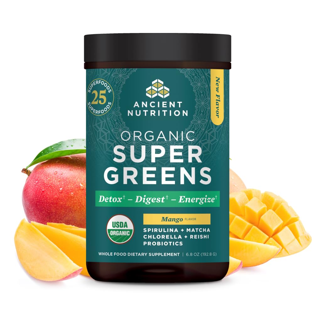 Ancient Nutrition SuperGreens mango powder bottle showcases energy-boosting greens.