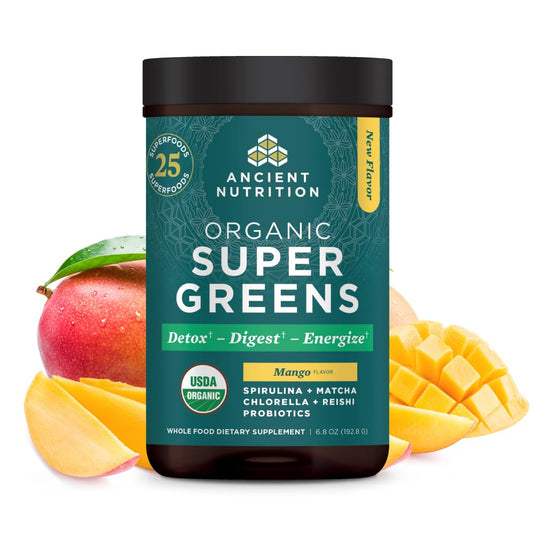 Ancient Nutrition SuperGreens mango powder bottle showcases energy-boosting greens.