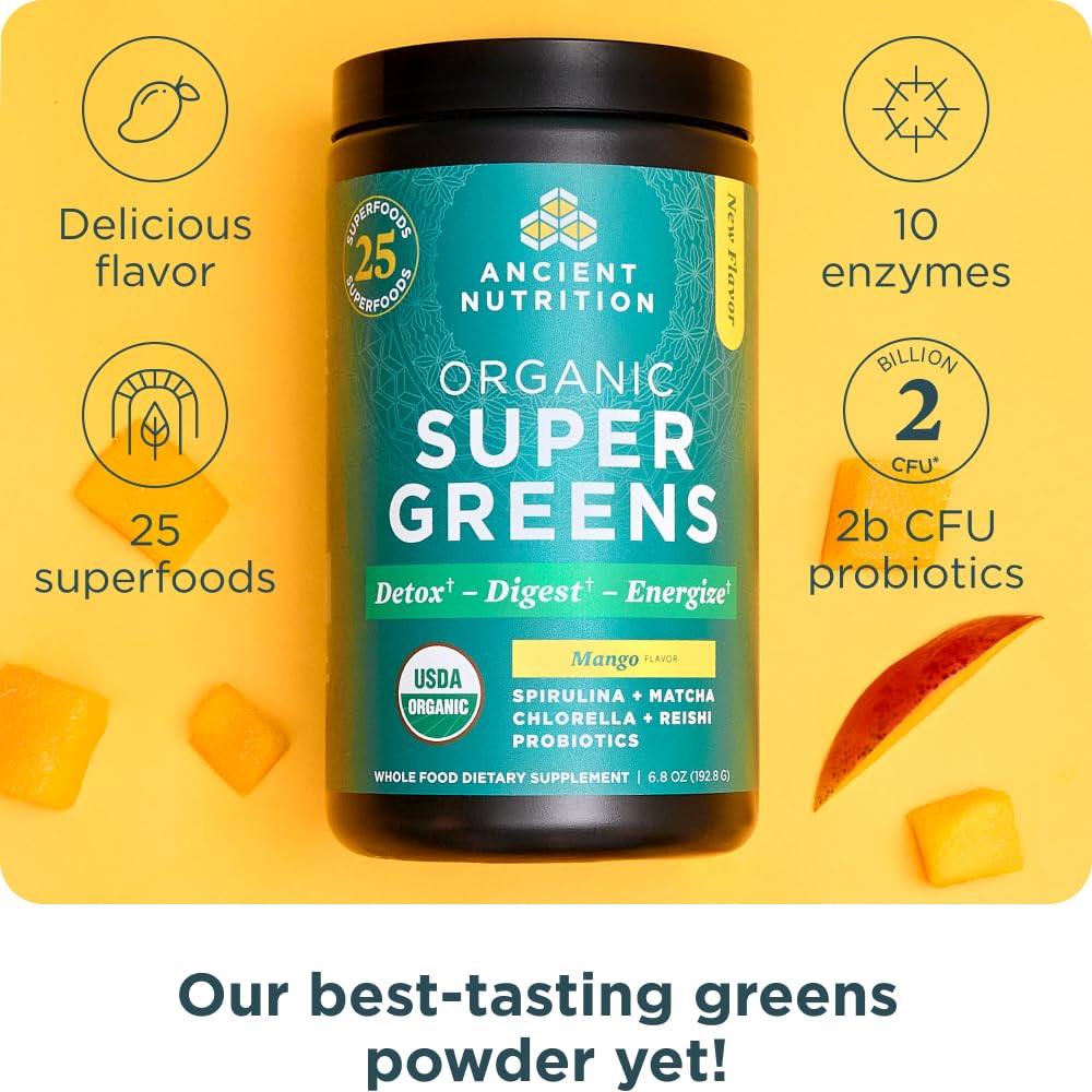 Ancient Nutrition SuperGreens mango smoothie glass highlights tasty, easy nutrition.