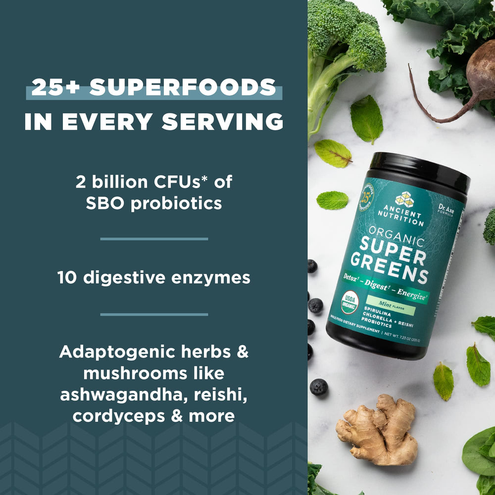 Ancient Nutrition SuperGreens organic peppermint flavor offers refreshing taste
