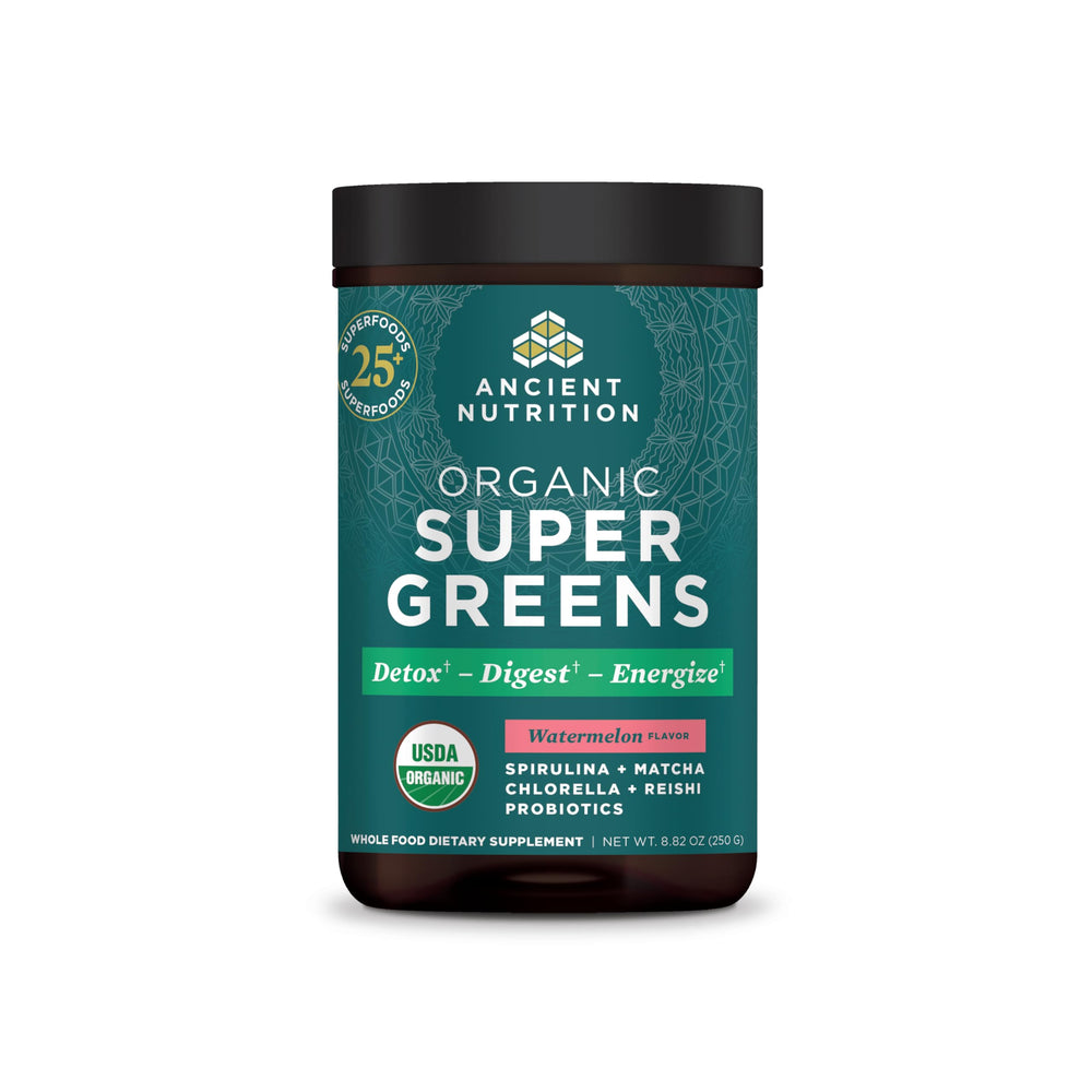 Ancient Nutrition SuperGreens powder bottle ready for a daily greens shake.