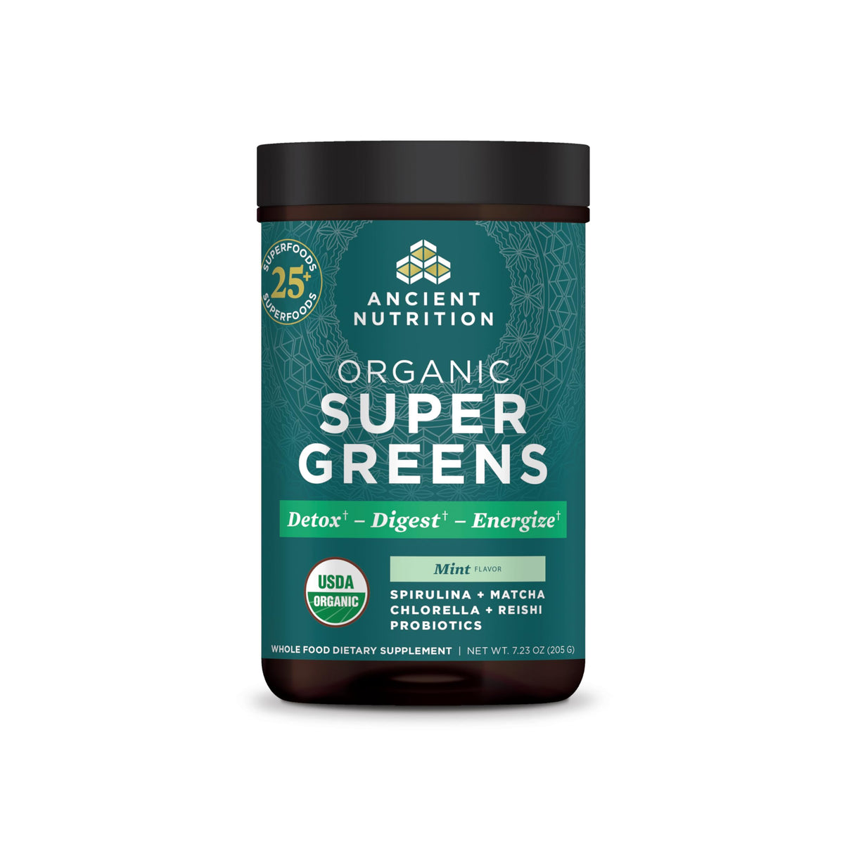 Ancient Nutrition SuperGreens powder tub for easy daily greens and digestive support
