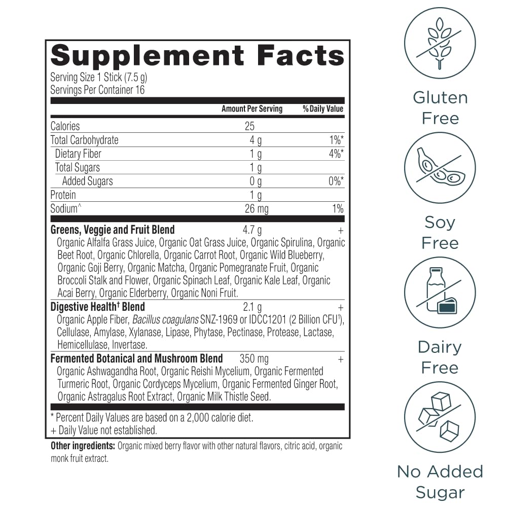 Ancient Nutrition SuperGreens scoop dispensing powder for quick, mixed drinks.