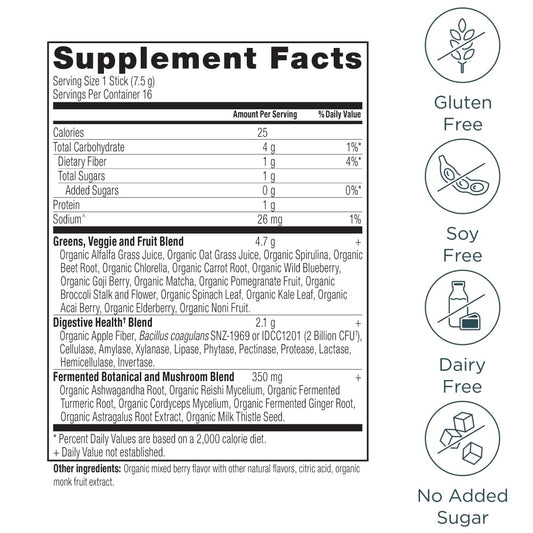 Ancient Nutrition SuperGreens scoop dispensing powder for quick, mixed drinks.
