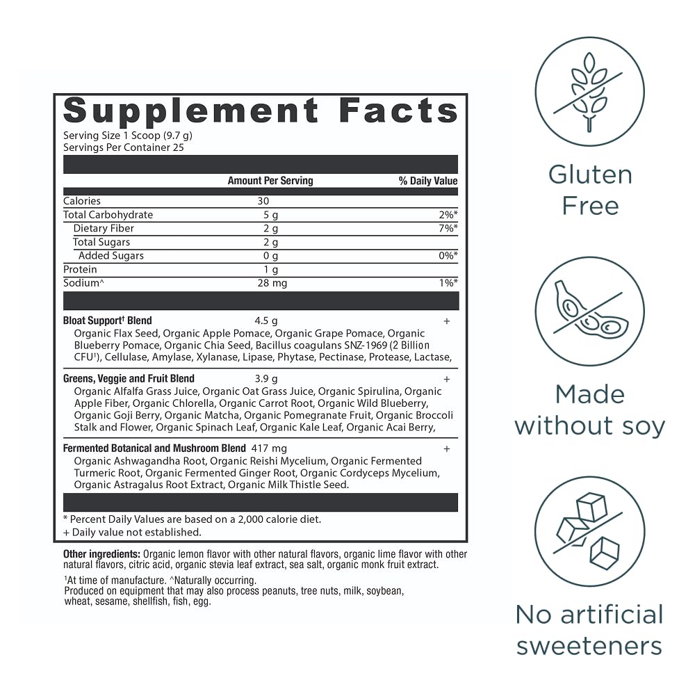 Ancient Nutrition SuperGreens scoop-dispensing emphasizes easy daily serving for routine gut comfort.