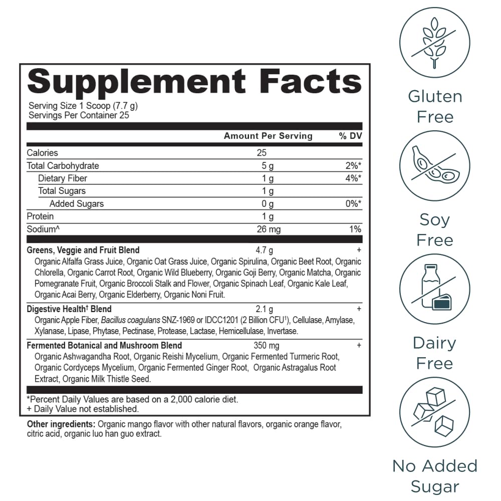 Ancient Nutrition SuperGreens scoop pour demonstrates convenient daily greens mix for smoothies.
