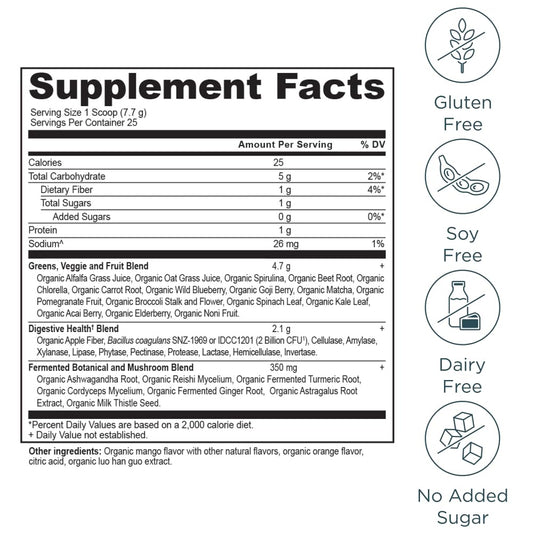 Ancient Nutrition SuperGreens scoop pour demonstrates convenient daily greens mix for smoothies.