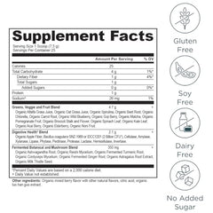 Scoop of Ancient Nutrition SuperGreens powder highlighting probiotic blend for digestion support.