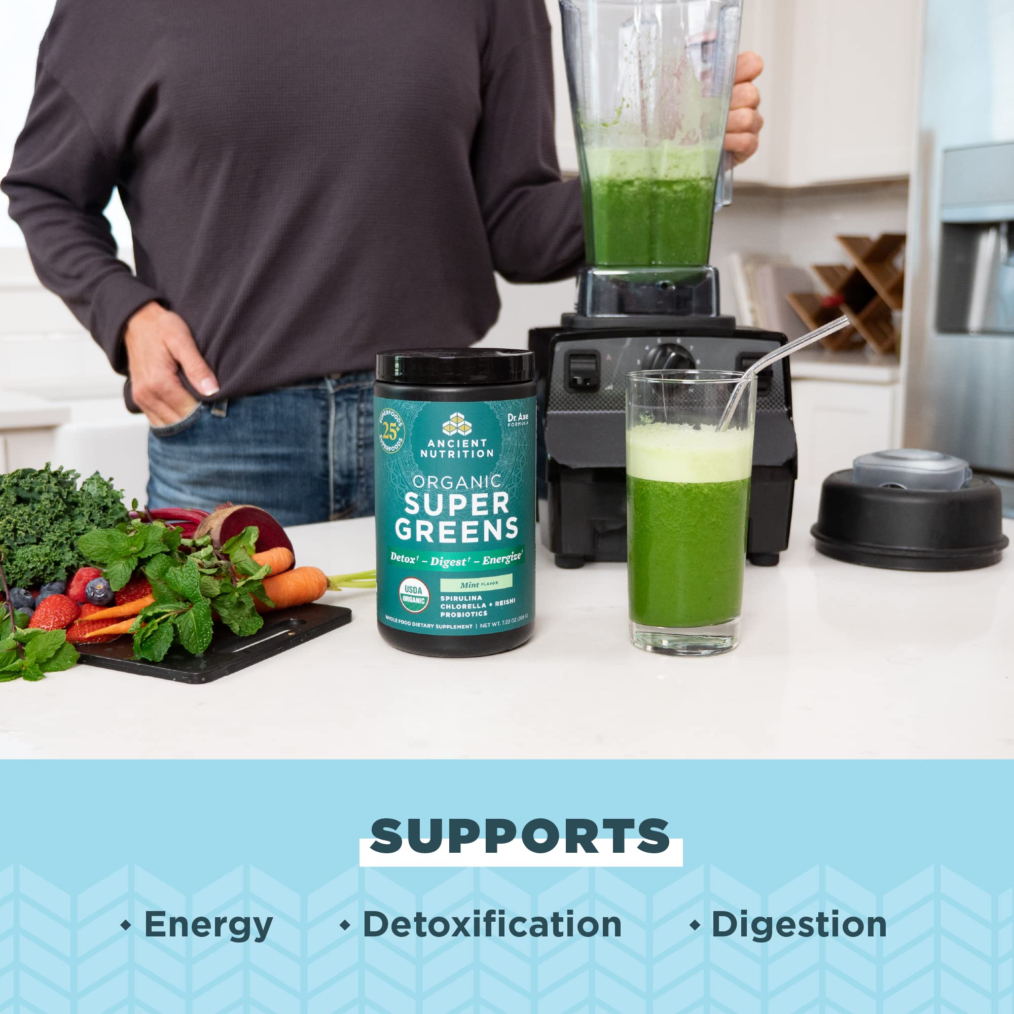 Ancient Nutrition SuperGreens spirulina blend emphasizing antioxidant greens for energy