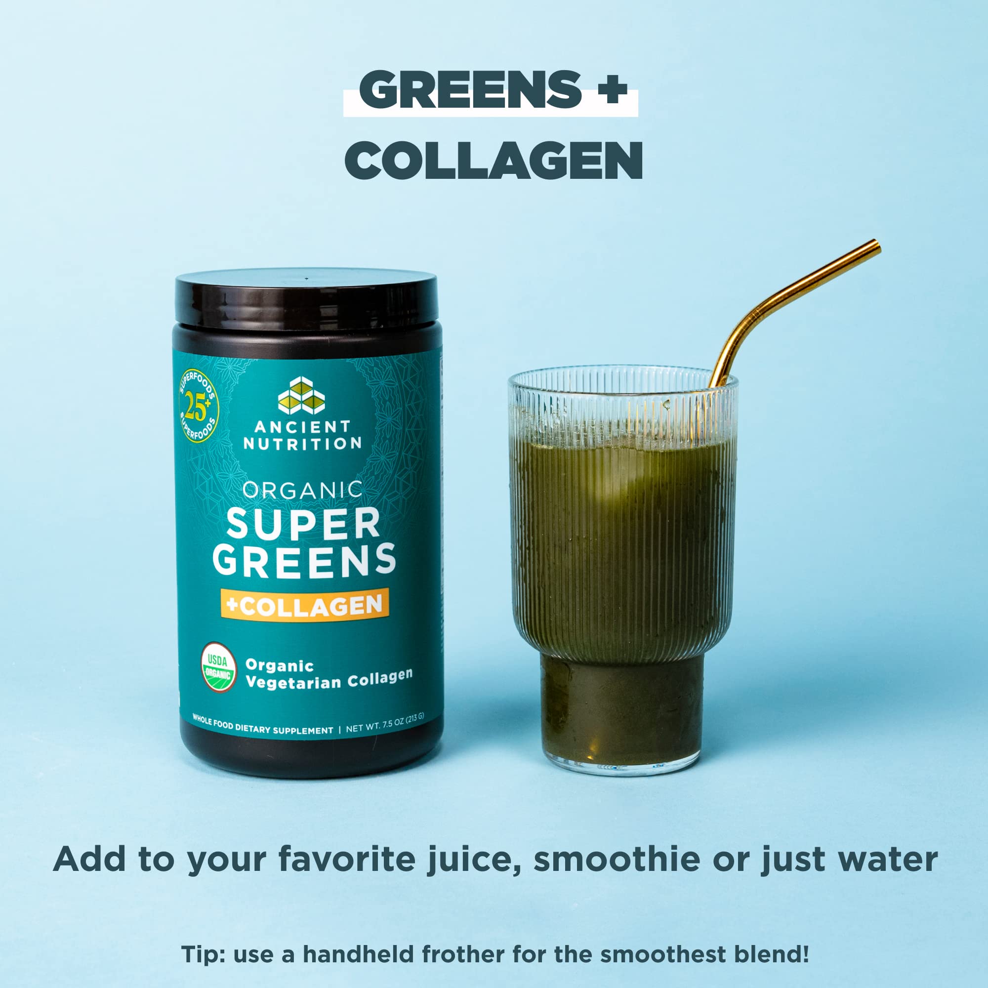 Ancient Nutrition Supergreens tub close-up emphasizes premium organic formulation.