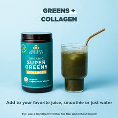 Ancient Nutrition Supergreens tub close-up emphasizes premium organic formulation.
