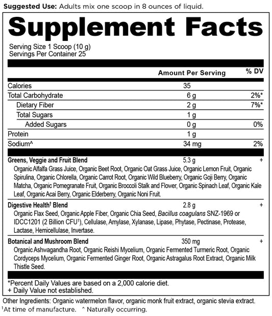 Ancient Nutrition SuperGreens tub front shows watermelon flavor and 25 servings.
