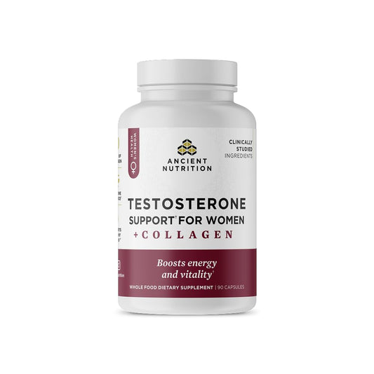 Ancient Nutrition testosterone support bottle front view promoting hormone balance and vitality.