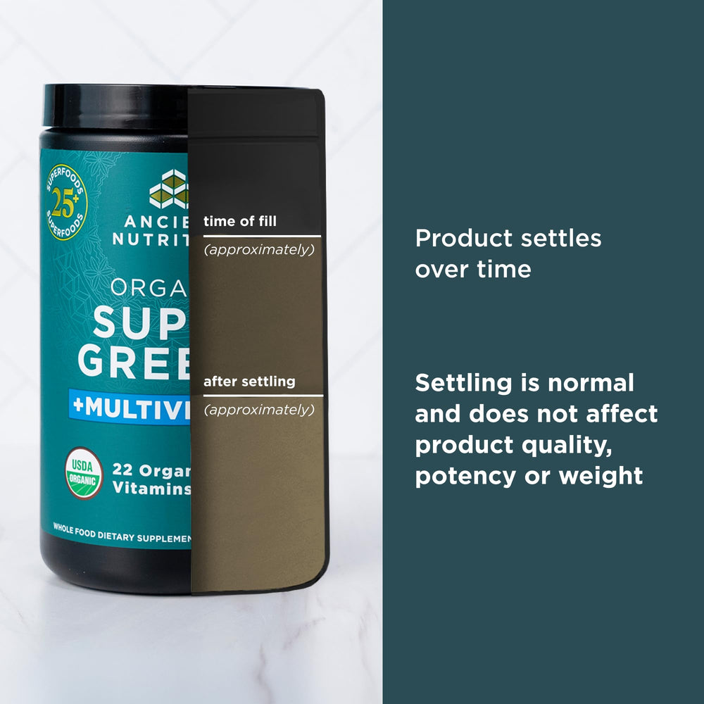 Ancient Nutrition tub opened with powder ready to mix.