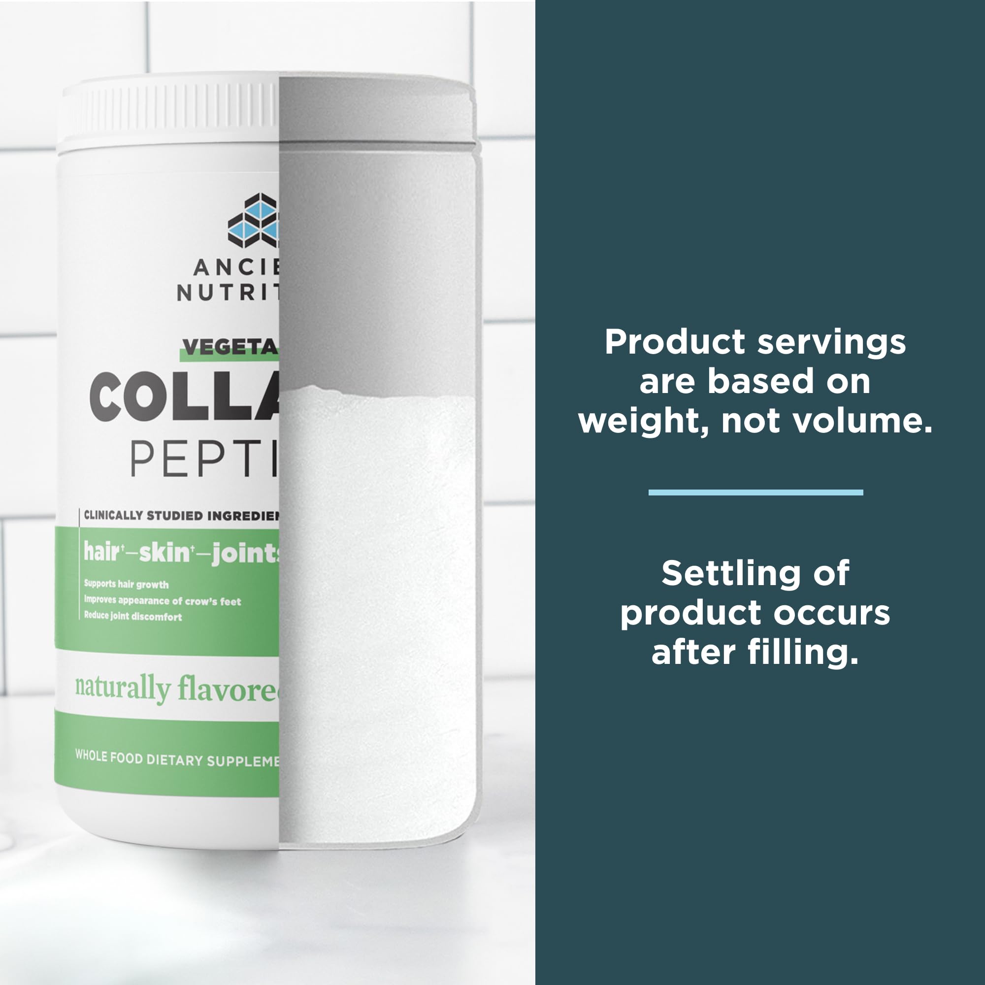 Bottle emphasizes prebiotics and probiotics for digestive support.