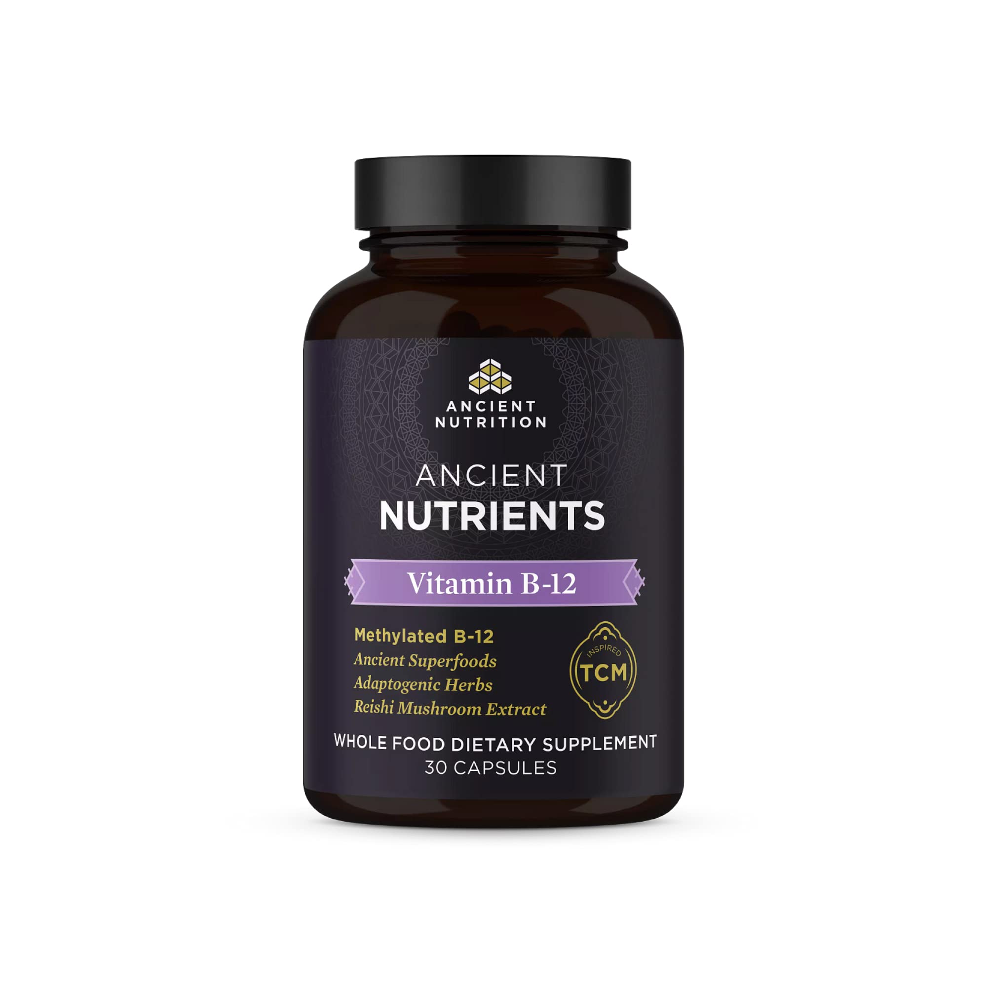 Ancient Nutrition Vitamin B12 capsules in bottle front for energy support
