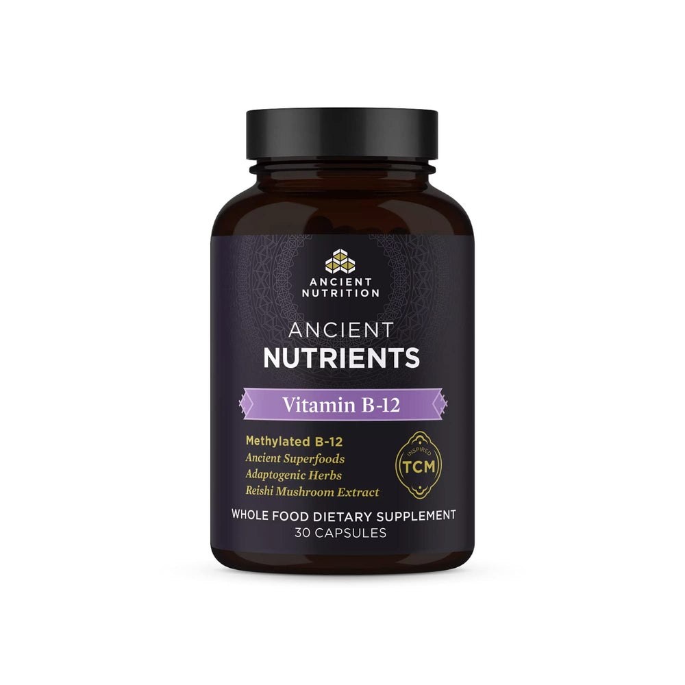 Ancient Nutrition Vitamin B12 capsules in bottle front for energy support