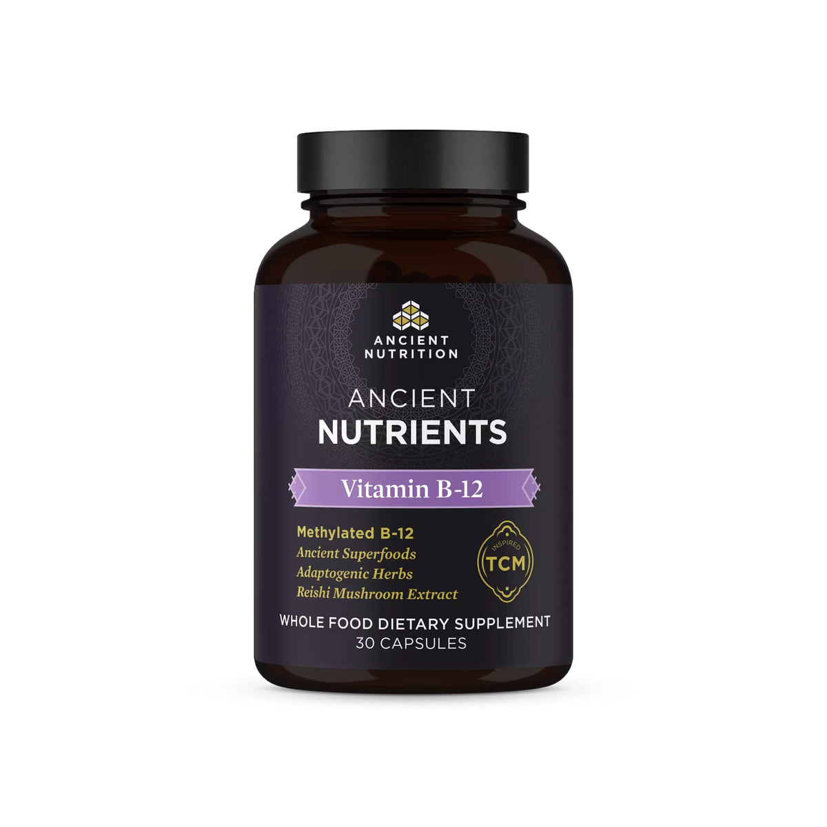 Ancient Nutrition Vitamin B12 capsules in bottle front for energy support