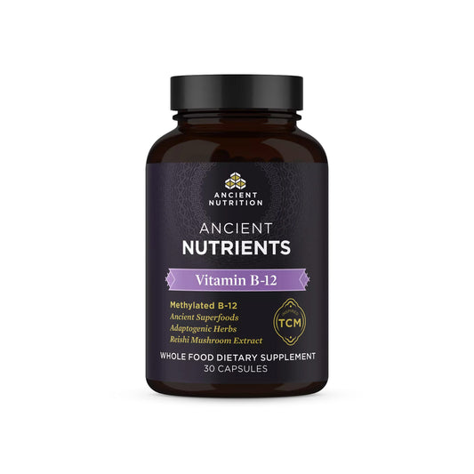 Ancient Nutrition Vitamin B12 capsules in bottle front for energy support