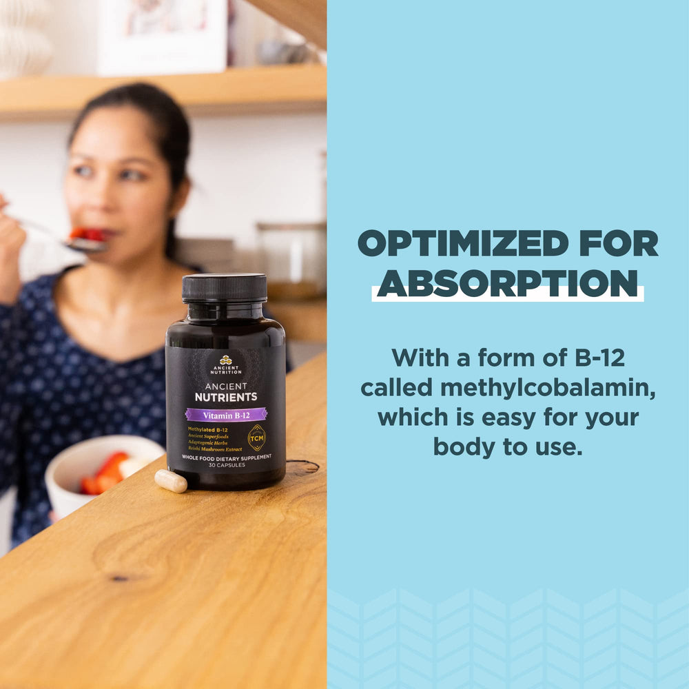 Ancient Nutrition Vitamin B12 dosage panel demonstrates once-daily convenience