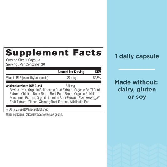 Ancient Nutrition Vitamin B12 label highlights 20 mcg methylated B12 for daily use