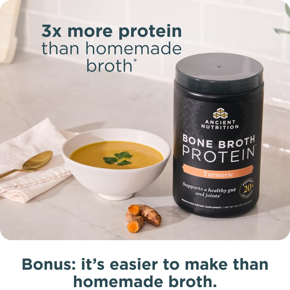 Ancient Nutrition warm mug of bone broth, soothing flavor and 20g protein.