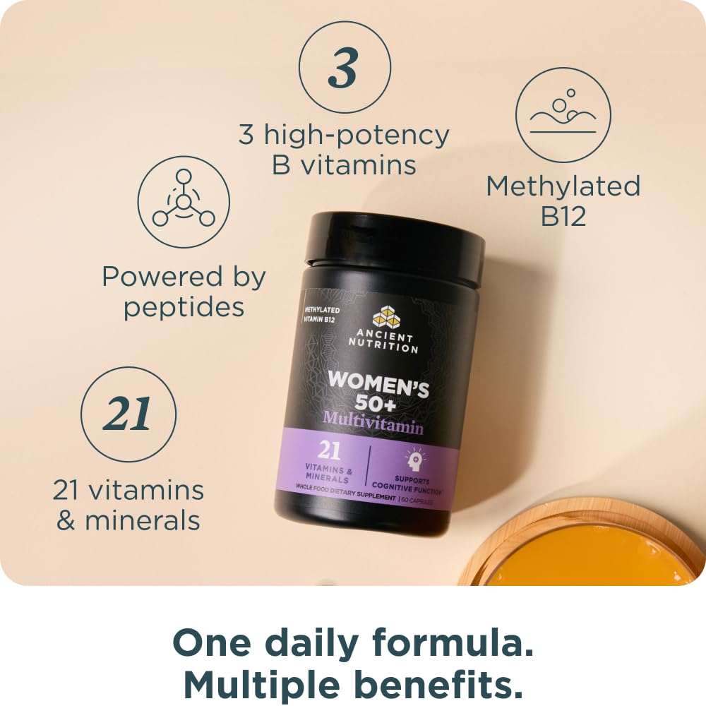 Ancient Nutrition Women's 50+ multivitamin capsules showing form and absorption