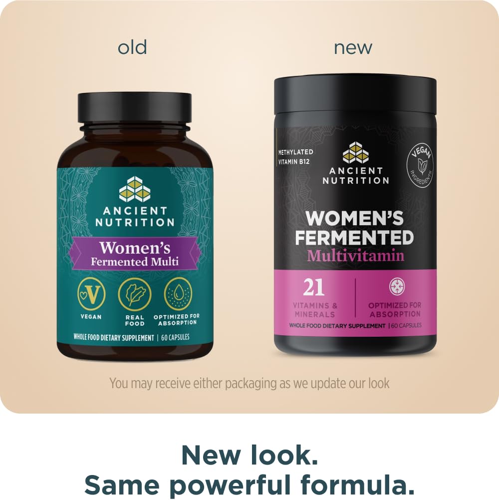 Ancient Nutrition fermented multivitamin capsules close-up showing vegan formula.