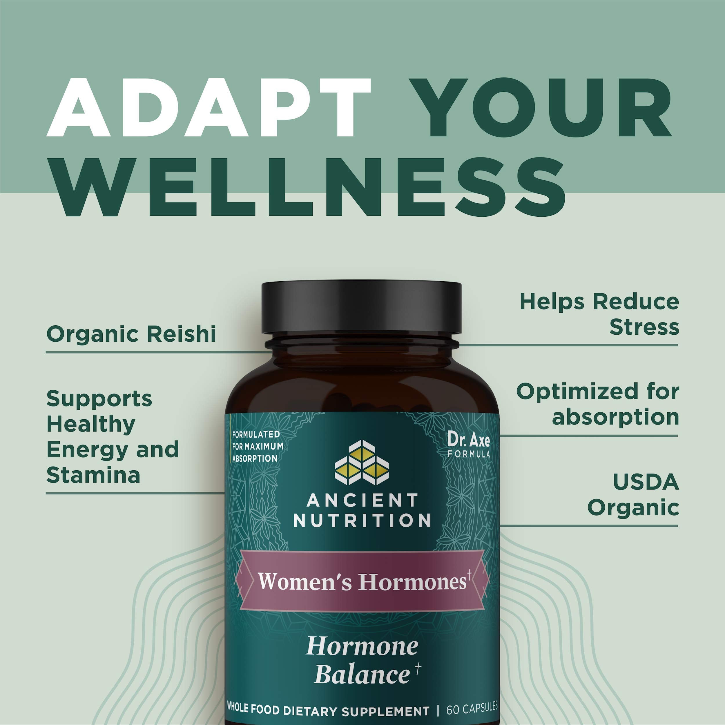 Ancient Nutrition Women's Hormones icons indicate keto, paleo, vegan compatibility for versatile diets