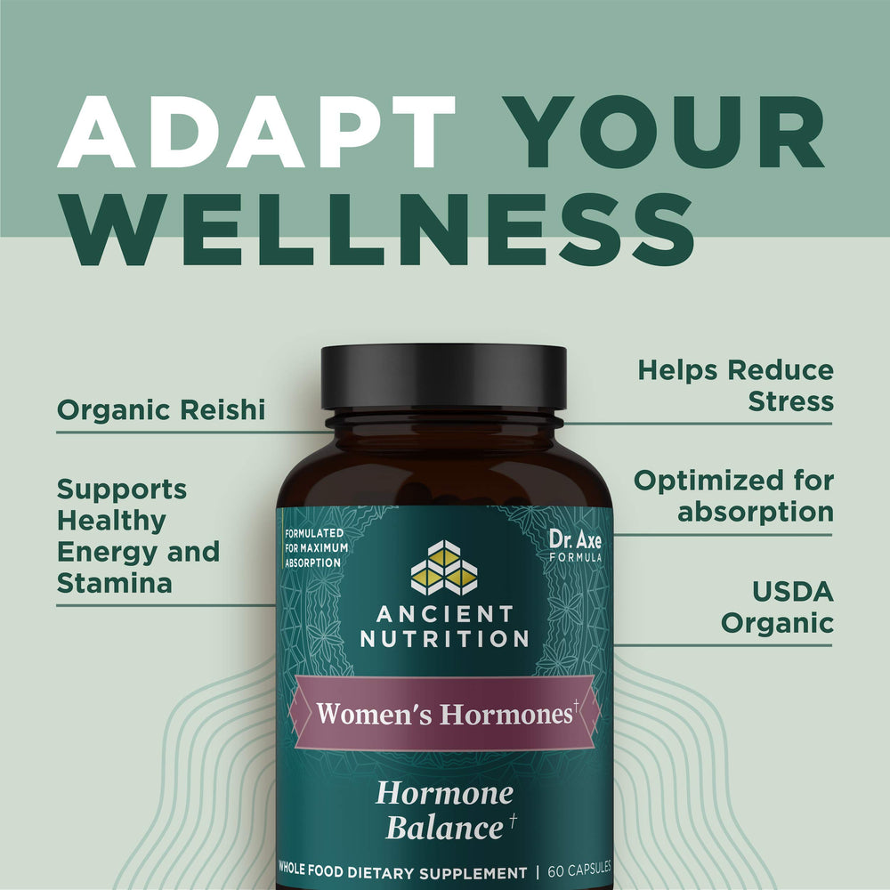 Ancient Nutrition Women's Hormones icons indicate keto, paleo, vegan compatibility for versatile diets