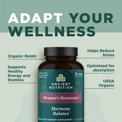 Ancient Nutrition Women's Hormones icons indicate keto, paleo, vegan compatibility for versatile diets