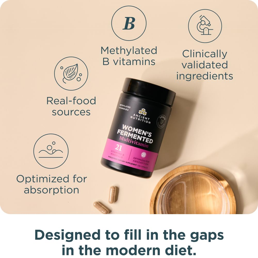 Ancient Nutrition women’s multivitamin nutrient panel displays essential vitamins and minerals.