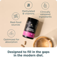 Ancient Nutrition women’s multivitamin nutrient panel displays essential vitamins and minerals.