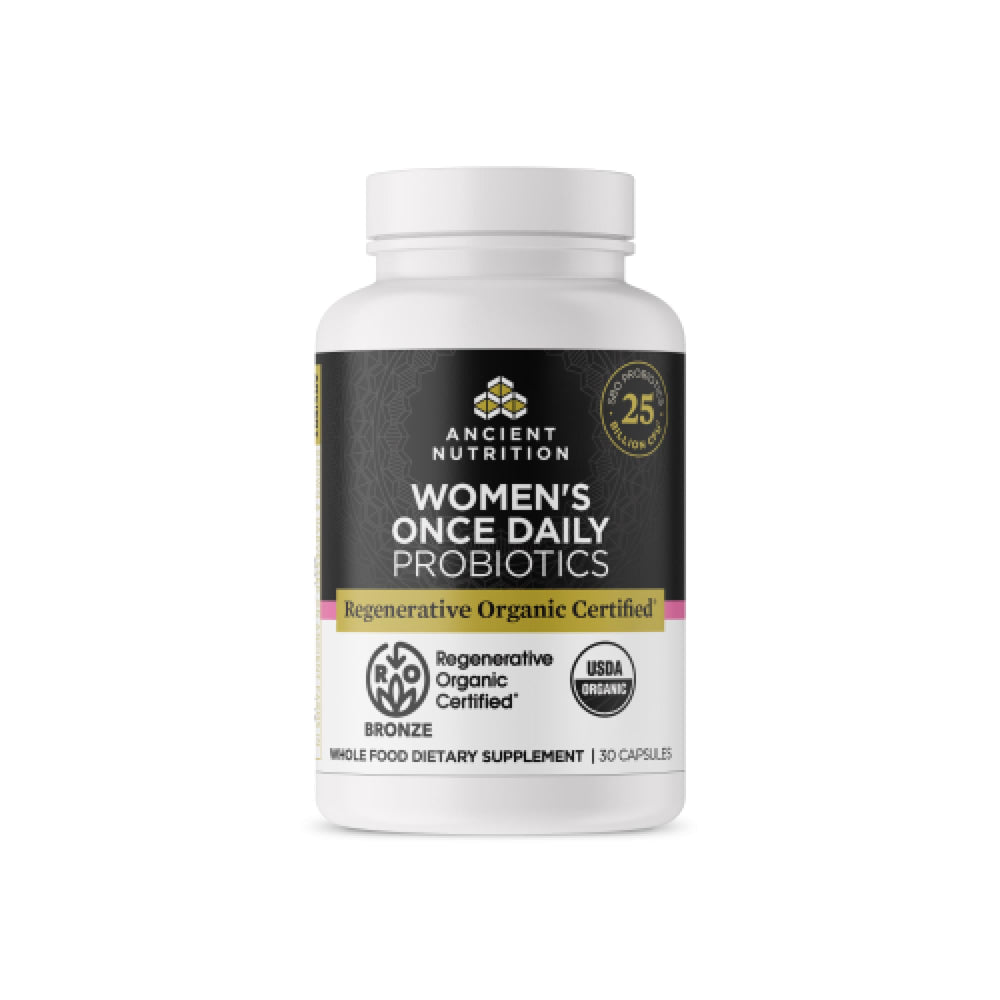 Ancient Nutrition Women's Probiotics bottle front for daily digestive support.