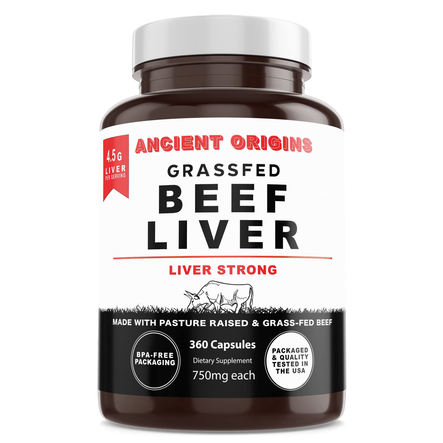 Ancient Origins beef liver bottle on shelf, highlighting natural ingredients.