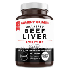 Ancient Origins beef liver bottle on shelf, highlighting natural ingredients.