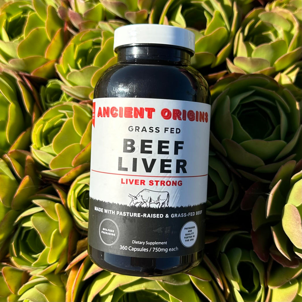 Ancient Origins beef liver capsules close-up, showing high potency per capsule.