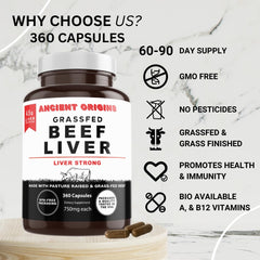 Ancient Origins packaging of beef liver supplement, compact two-month supply.